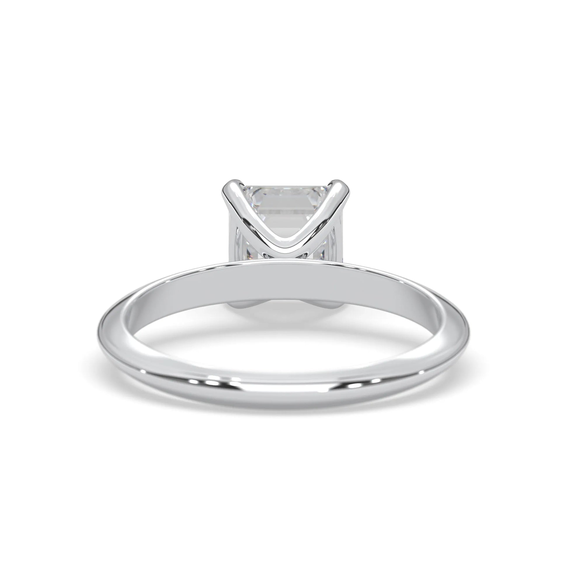 white-gold  ring with a princess-cut diamond on a white background
