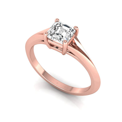 Asscher cut lab grown diamond split shank solitaire engagement ring featuring a 1.24 carat IGI certified center diamond in rose gold.