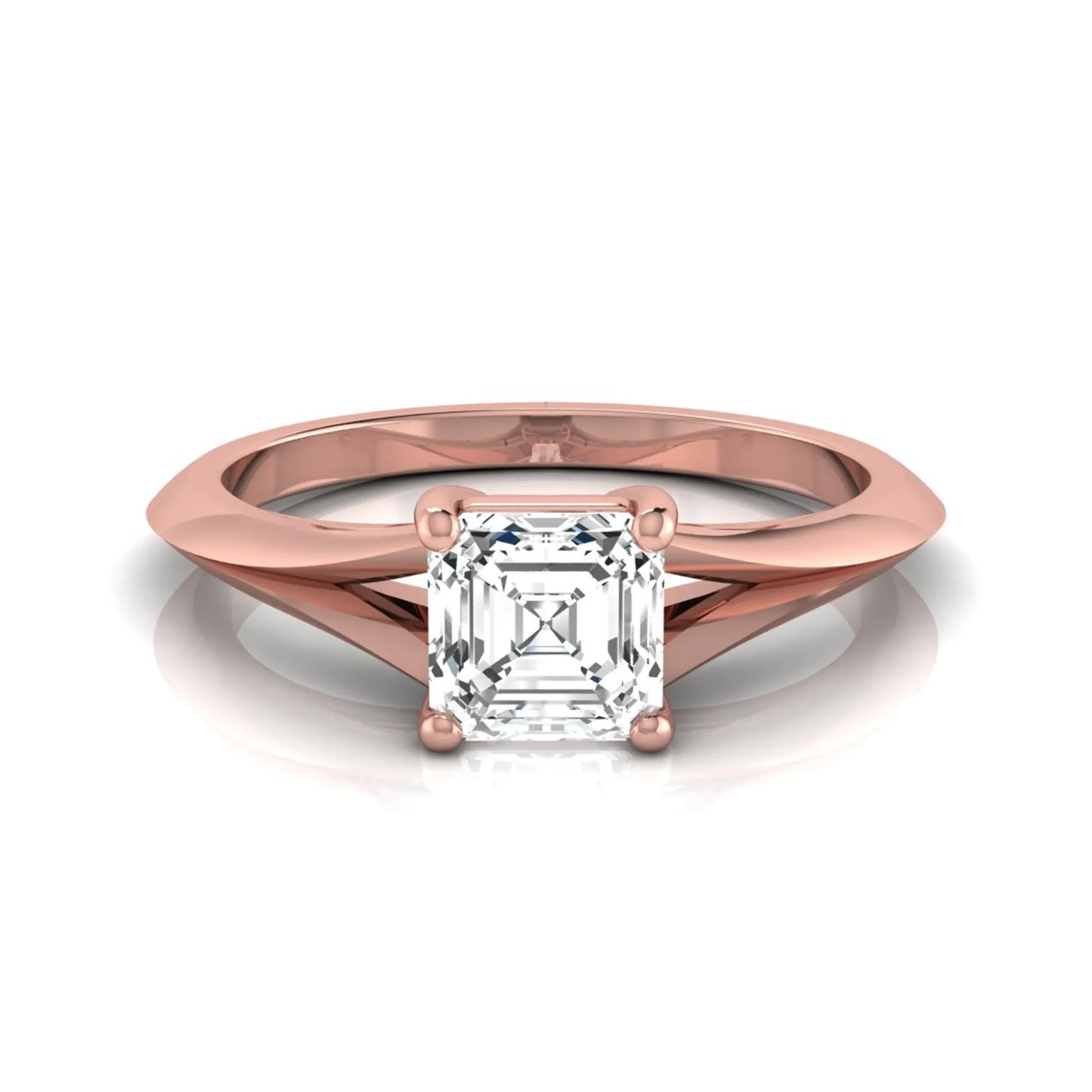 Asscher cut lab grown diamond split shank solitaire engagement ring featuring a 1.24 carat IGI certified center diamond in rose gold.
