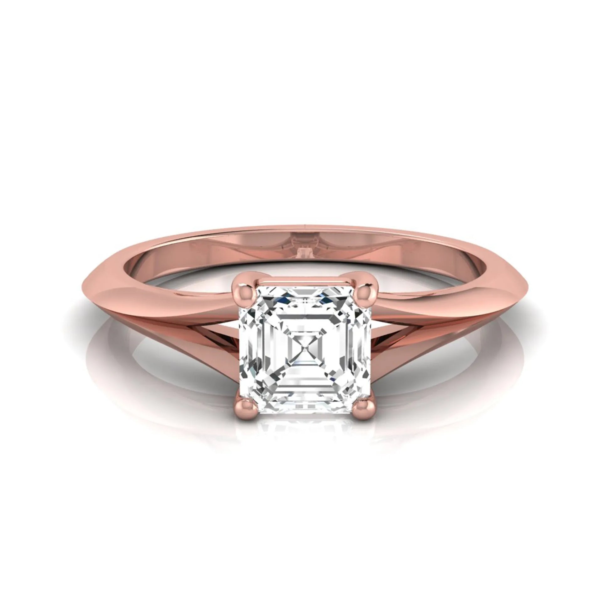 Asscher cut lab grown diamond split shank solitaire engagement ring featuring a 1.24 carat IGI certified center diamond in rose gold.