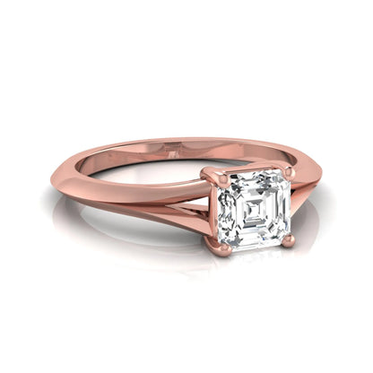 Asscher cut lab grown diamond split shank solitaire engagement ring featuring a 1.24 carat IGI certified center diamond in rose gold.