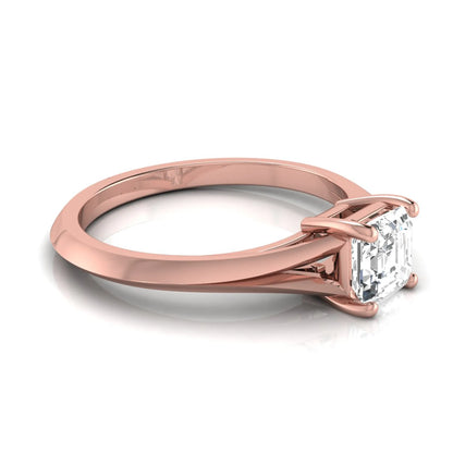 Asscher cut lab grown diamond split shank solitaire engagement ring featuring a 1.24 carat IGI certified center diamond in rose gold.
