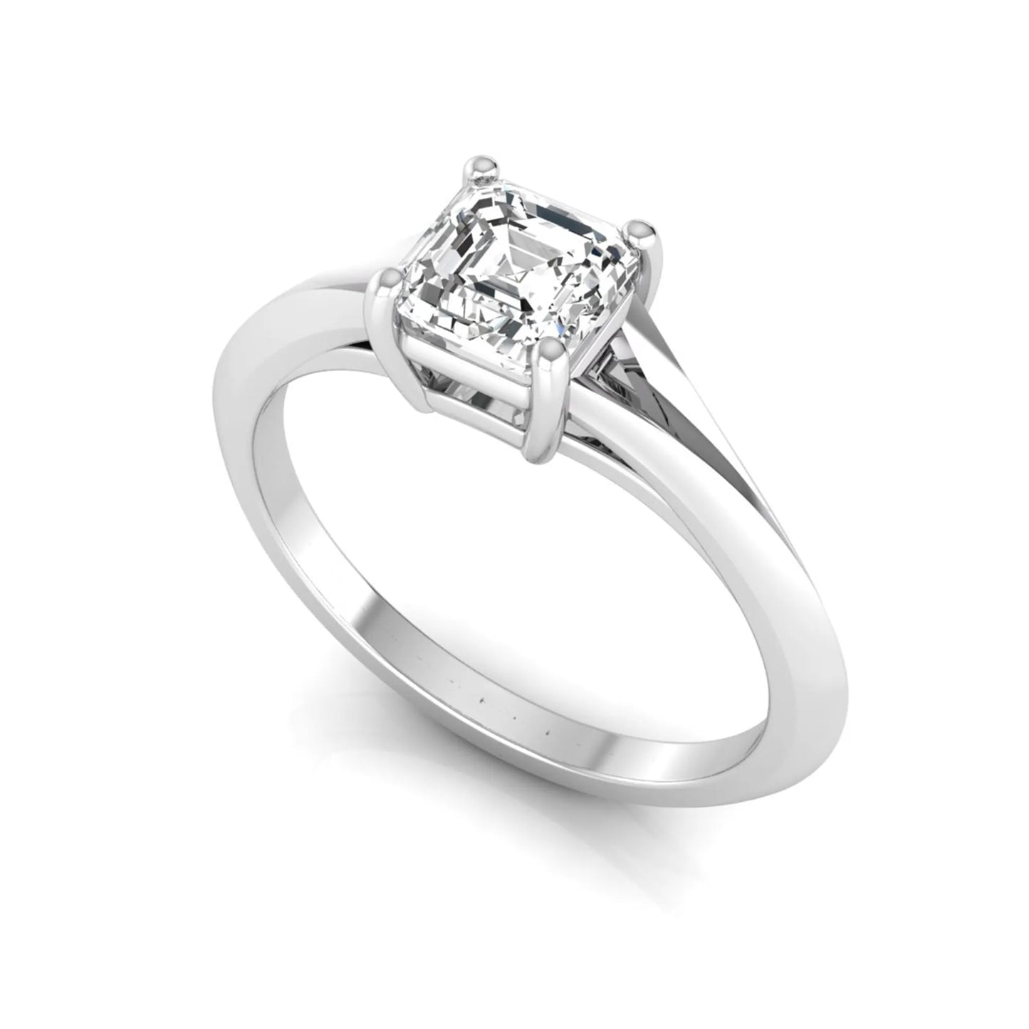 Asscher cut lab grown diamond split shank solitaire engagement ring featuring a 1.24 carat IGI certified center diamond in white gold.