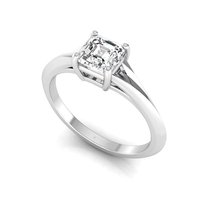 Asscher cut lab grown diamond split shank solitaire engagement ring featuring a 1.24 carat IGI certified center diamond in white gold.