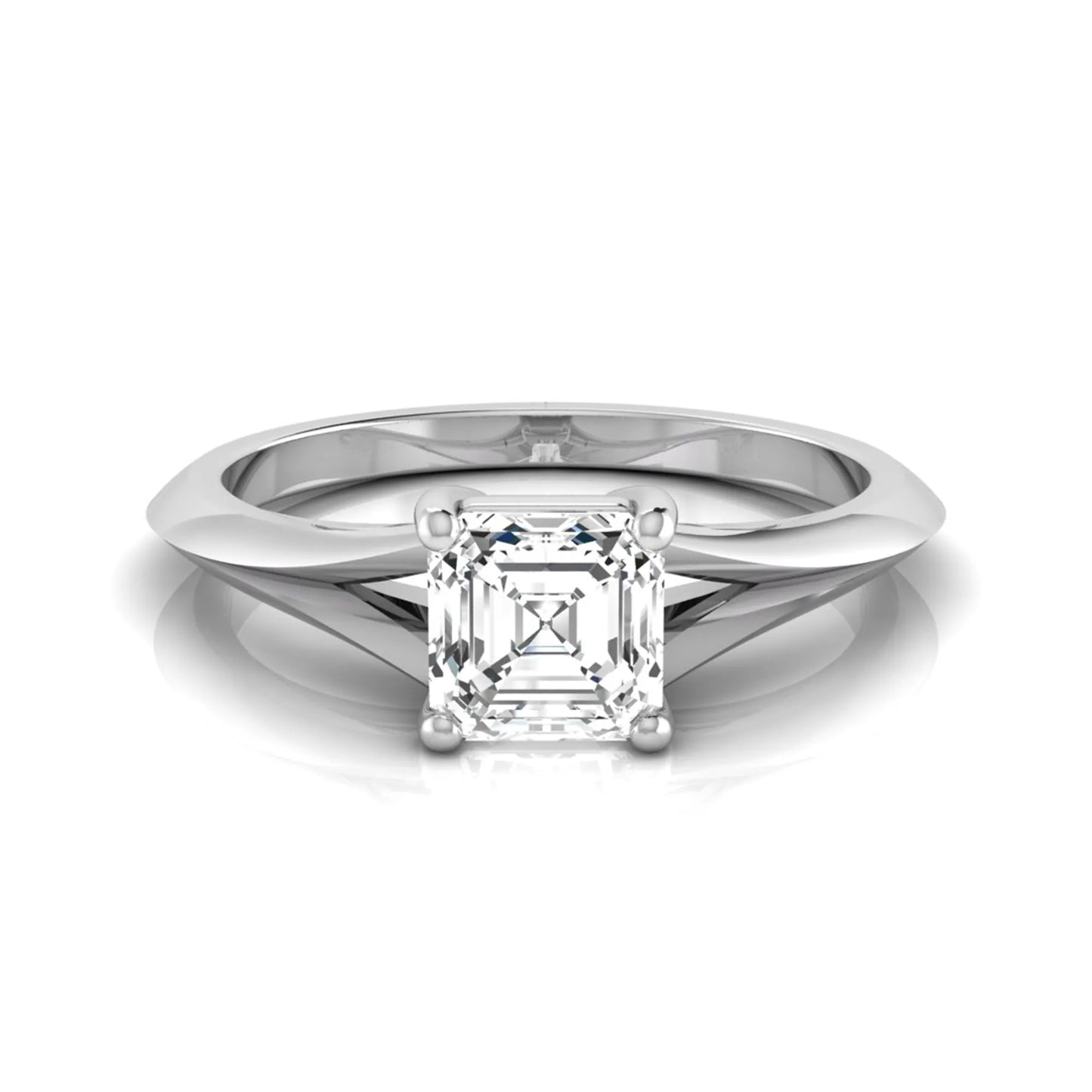 Asscher cut lab grown diamond split shank solitaire engagement ring featuring a 1.24 carat IGI certified center diamond in white gold.