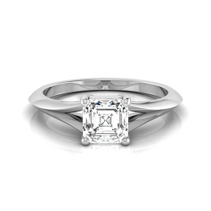 Asscher cut lab grown diamond split shank solitaire engagement ring featuring a 1.24 carat IGI certified center diamond in white gold.