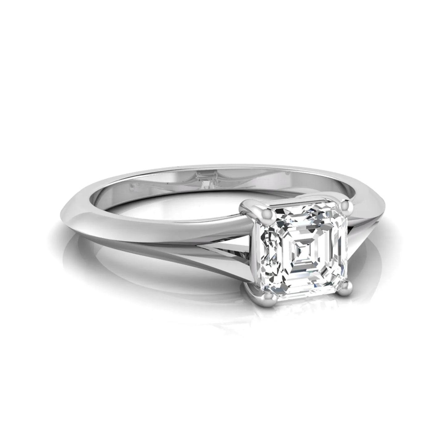 Asscher cut lab grown diamond split shank solitaire engagement ring featuring a 1.24 carat IGI certified center diamond in white gold.