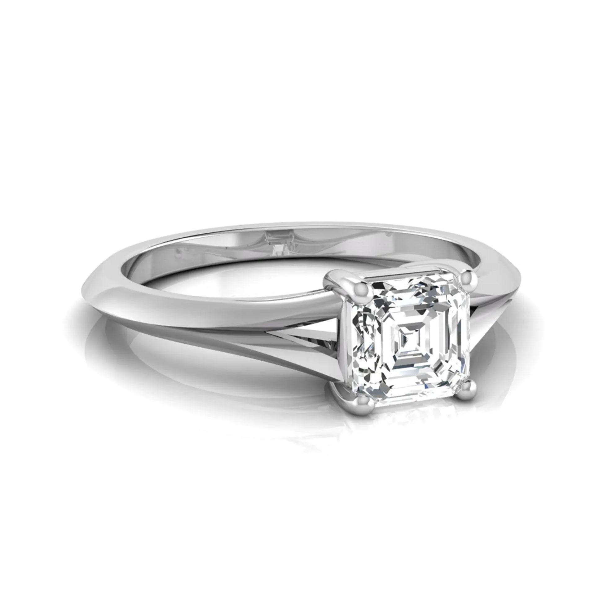 Asscher cut lab grown diamond split shank solitaire engagement ring featuring a 1.24 carat IGI certified center diamond in white gold.