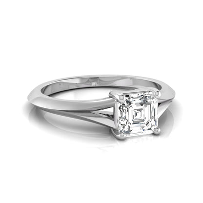 Asscher cut lab grown diamond split shank solitaire engagement ring featuring a 1.24 carat IGI certified center diamond in white gold.
