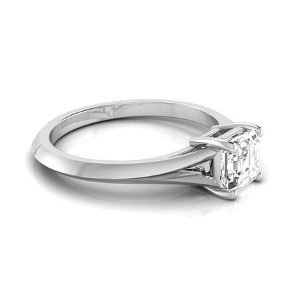 Asscher cut lab grown diamond split shank solitaire engagement ring featuring a 1.24 carat IGI certified center diamond in white gold.