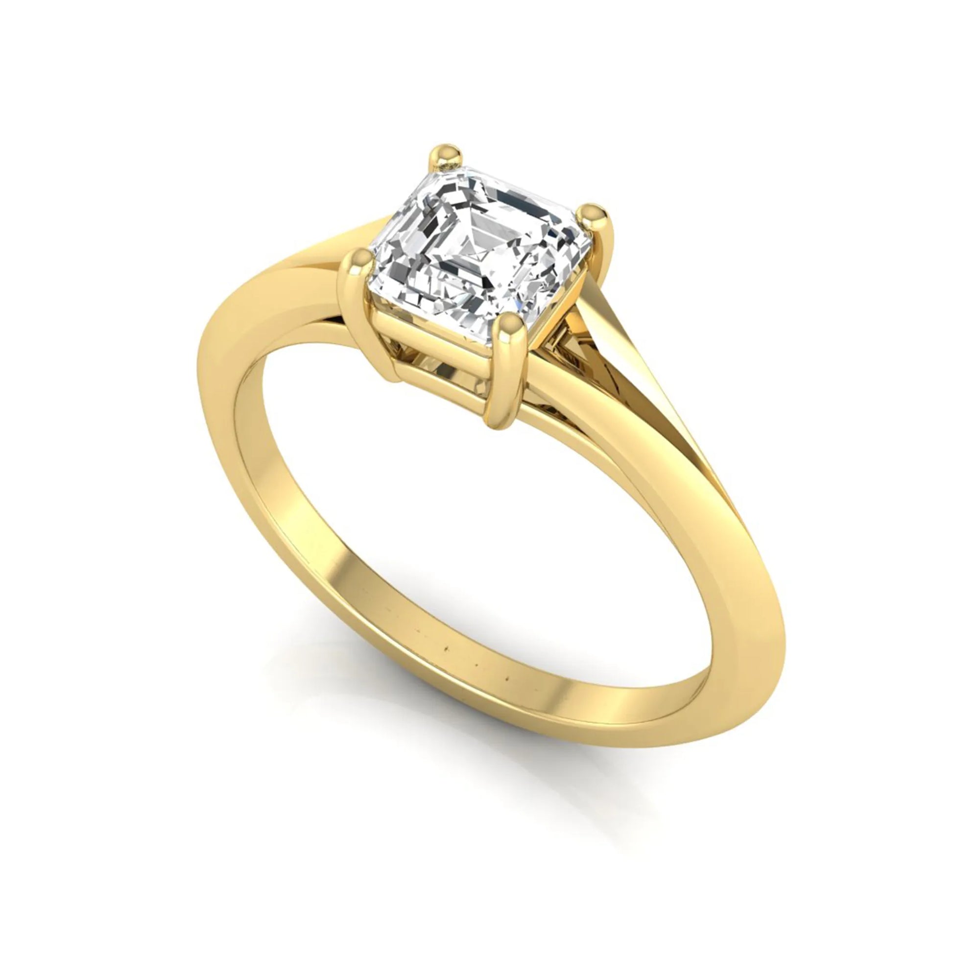 Asscher cut lab grown diamond split shank solitaire engagement ring featuring a 1.24 carat IGI certified center diamond in yellow gold.
