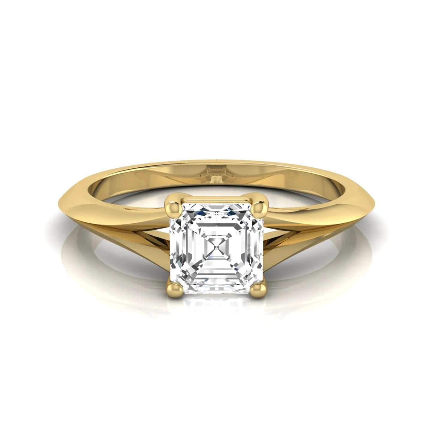 Asscher cut lab grown diamond split shank solitaire engagement ring featuring a 1.24 carat IGI certified center diamond in yellow gold.