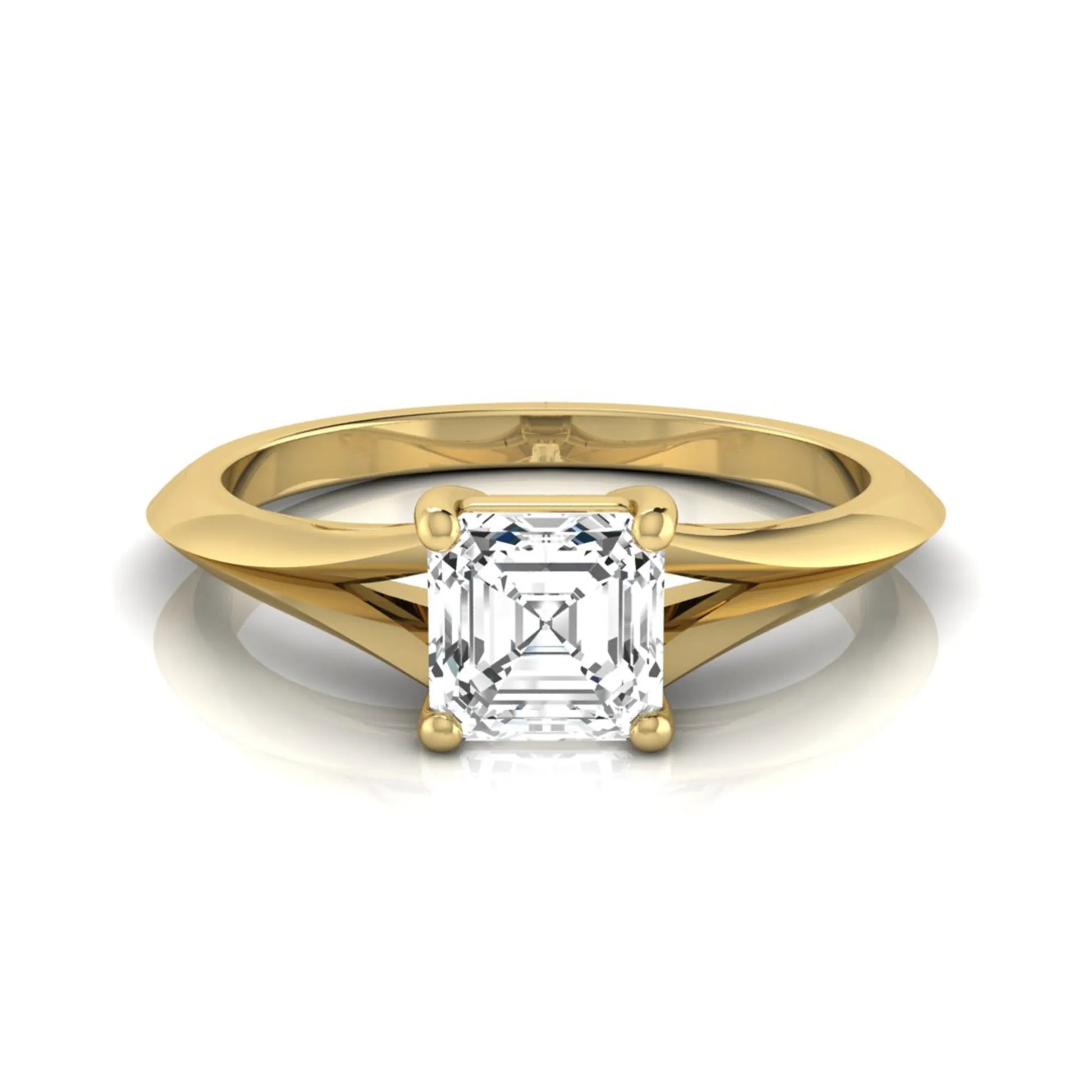 Asscher cut lab grown diamond split shank solitaire engagement ring featuring a 1.24 carat IGI certified center diamond in yellow gold.