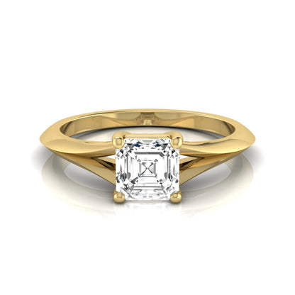 Asscher cut lab grown diamond split shank solitaire engagement ring featuring a 1.24 carat IGI certified center diamond in yellow gold.