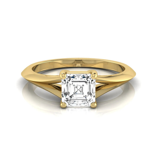 Asscher cut lab grown diamond split shank solitaire engagement ring featuring a 1.24 carat IGI certified center diamond in yellow gold.