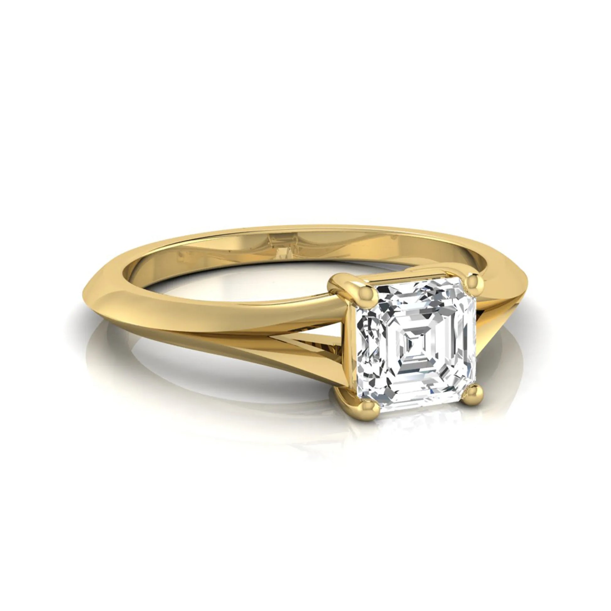 Asscher cut lab grown diamond split shank solitaire engagement ring featuring a 1.24 carat IGI certified center diamond in yellow gold.