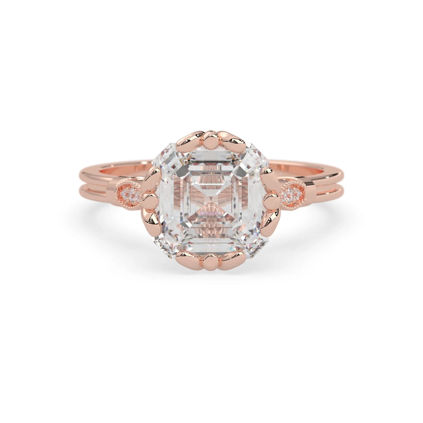 Asscher cut lab grown diamond seven stone pavé engagement ring with round diamond accents and a rose gold-toned metal design
