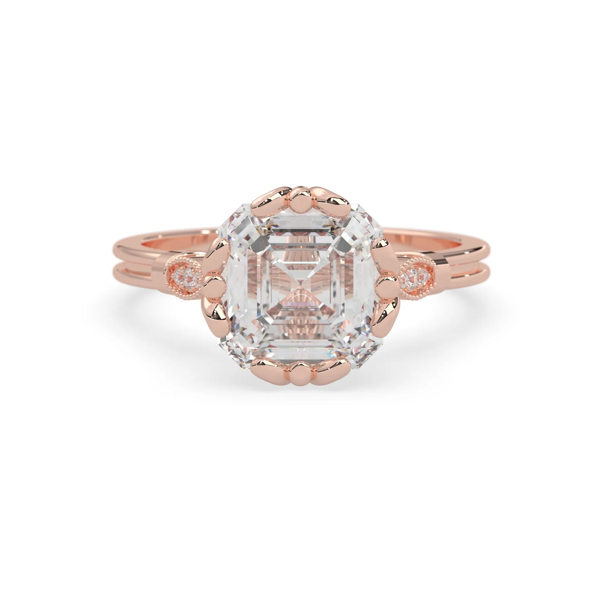 Asscher cut lab grown diamond seven stone pavé engagement ring with round diamond accents and a rose gold-toned metal design