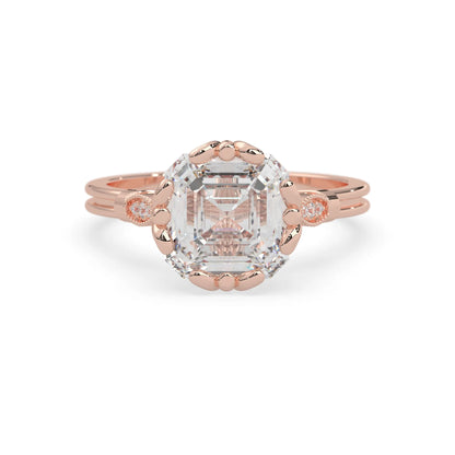 Asscher cut lab grown diamond seven stone pavé engagement ring with round diamond accents and a rose gold-toned metal design