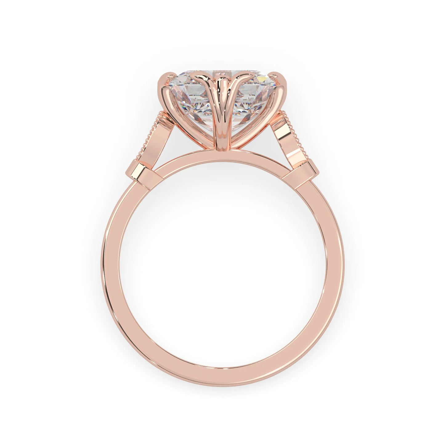 Asscher cut lab grown diamond seven stone pavé engagement ring with round diamond accents and a rose gold-toned metal design