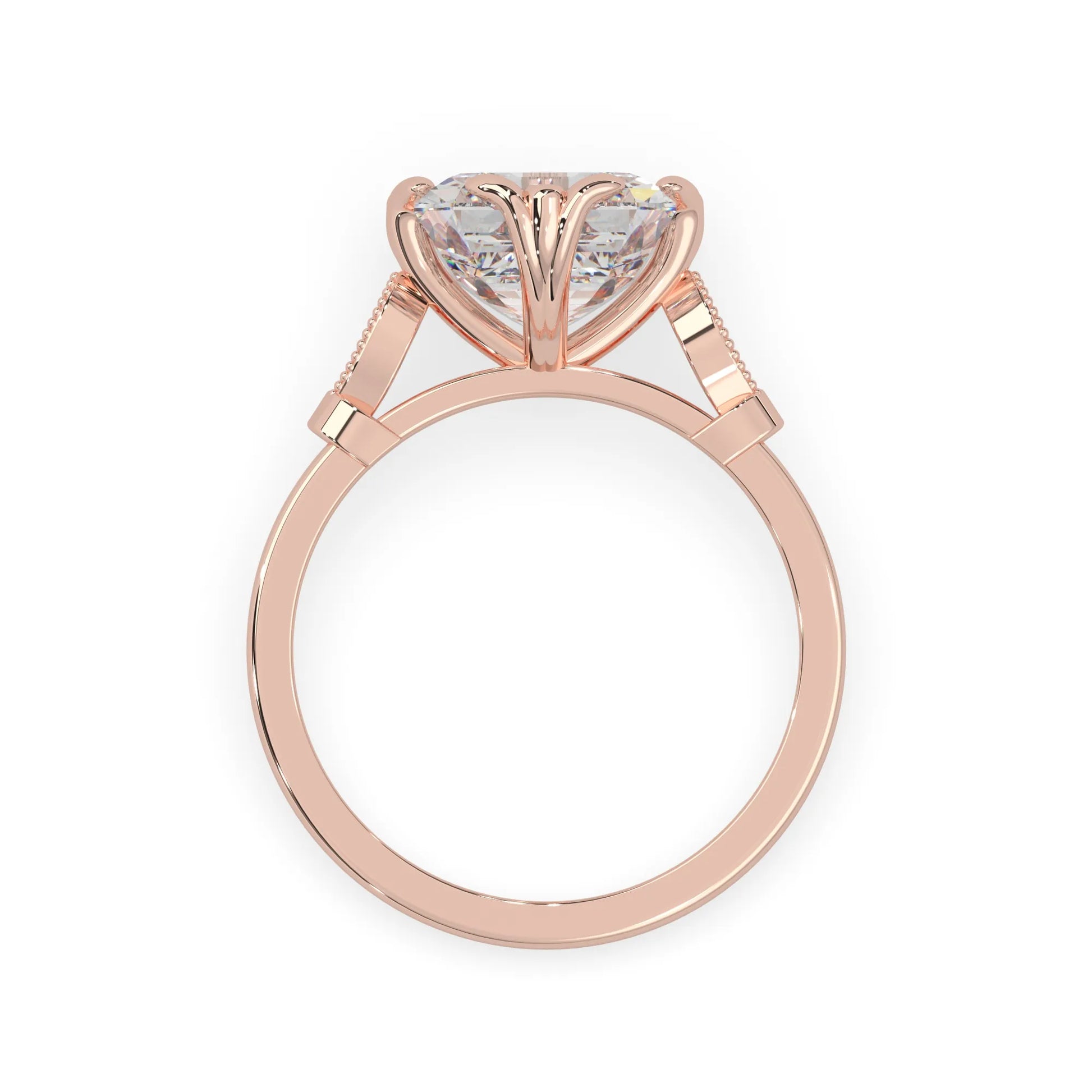 Asscher cut lab grown diamond seven stone pavé engagement ring with round diamond accents and a rose gold-toned metal design