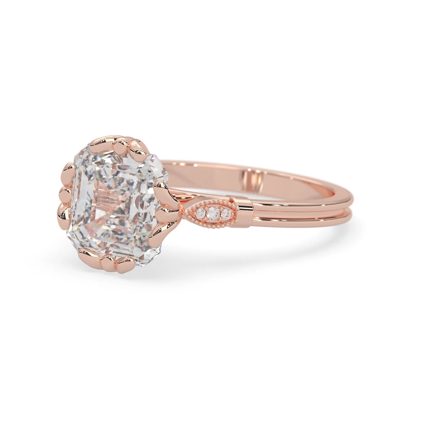 Asscher cut lab grown diamond seven stone pavé engagement ring with round diamond accents and a rose gold-toned metal design