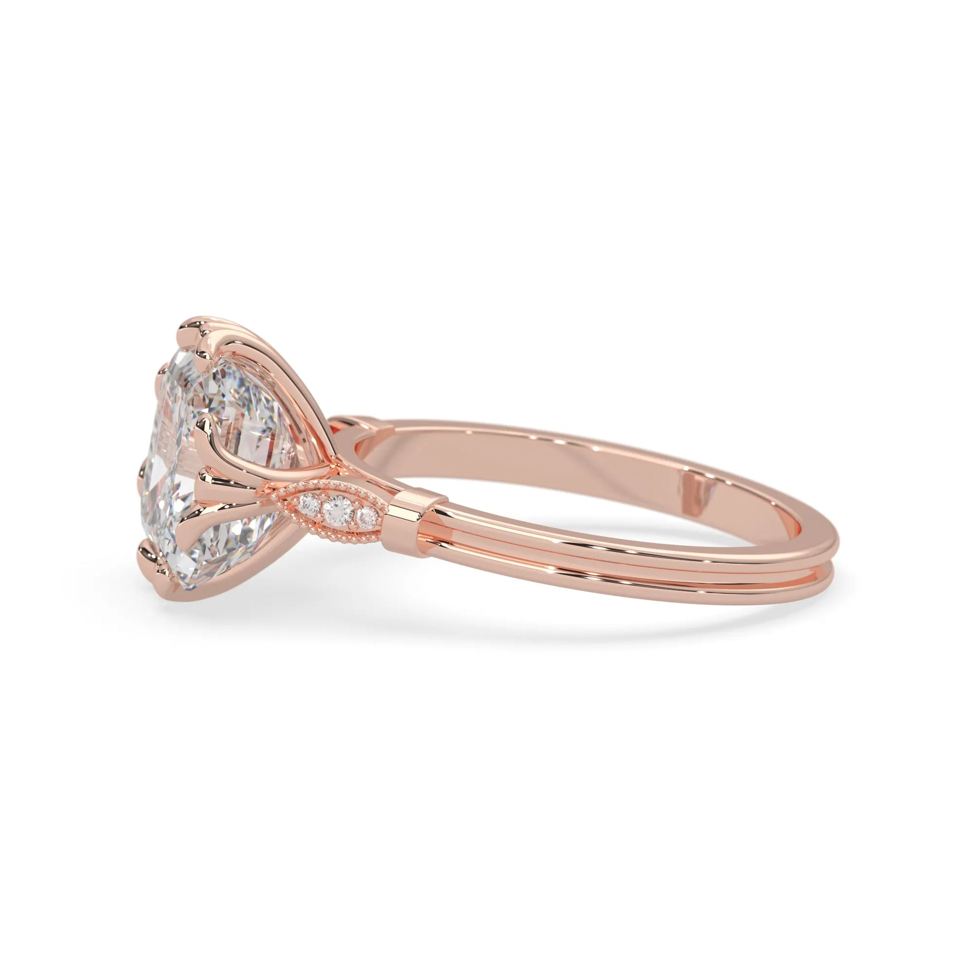 Asscher cut lab grown diamond seven stone pavé engagement ring with round diamond accents and a rose gold-toned metal design
