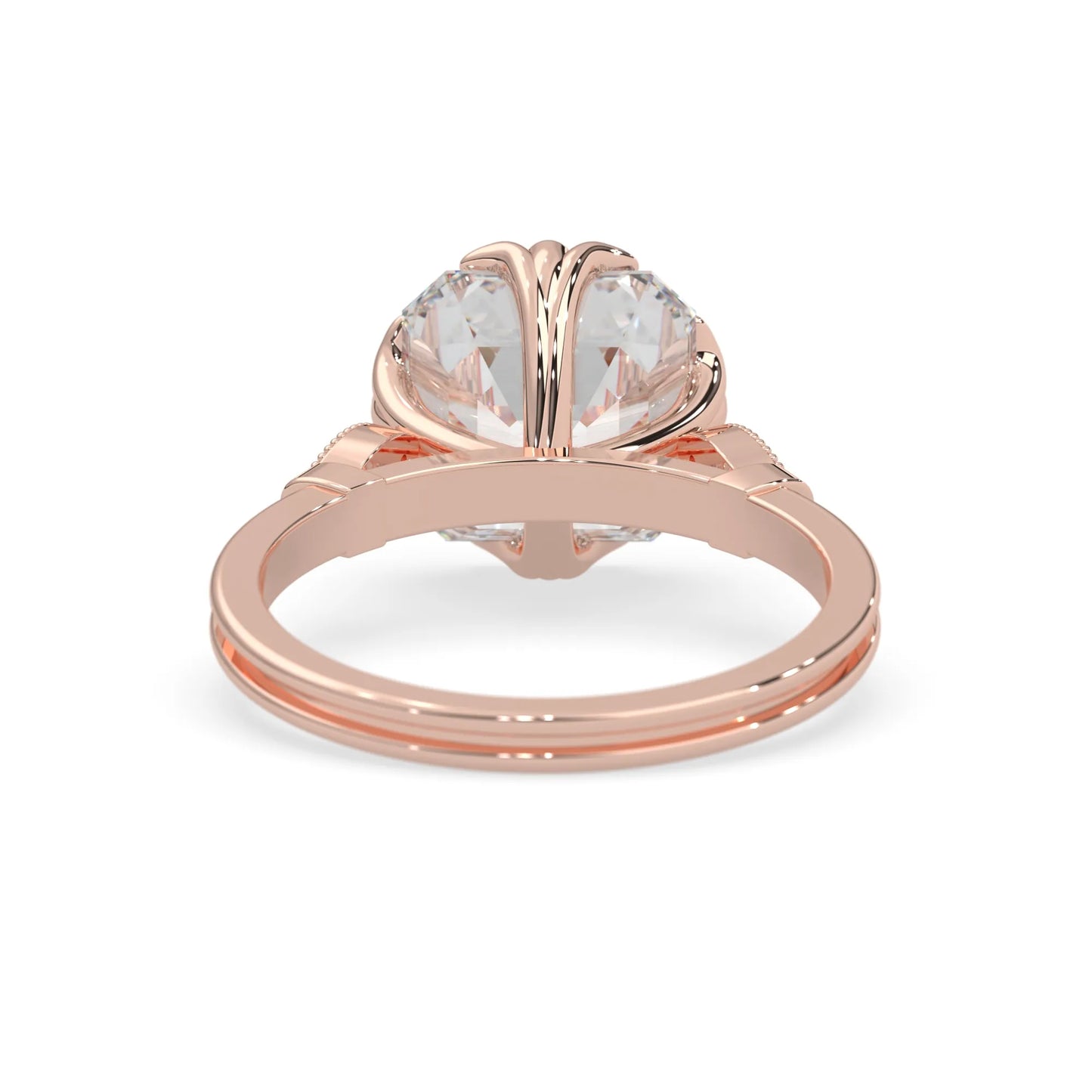 Asscher cut lab grown diamond seven stone pavé engagement ring with round diamond accents and a rose gold-toned metal design