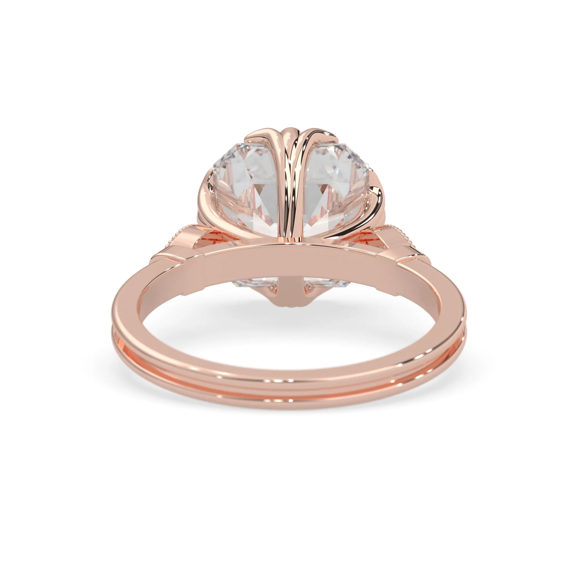 Asscher cut lab grown diamond seven stone pavé engagement ring with round diamond accents and a rose gold-toned metal design