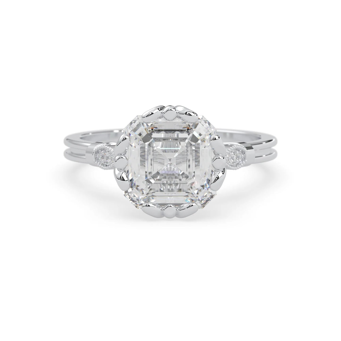 Asscher cut lab grown diamond seven stone pavé engagement ring with round diamond accents and a white gold-toned metal design
