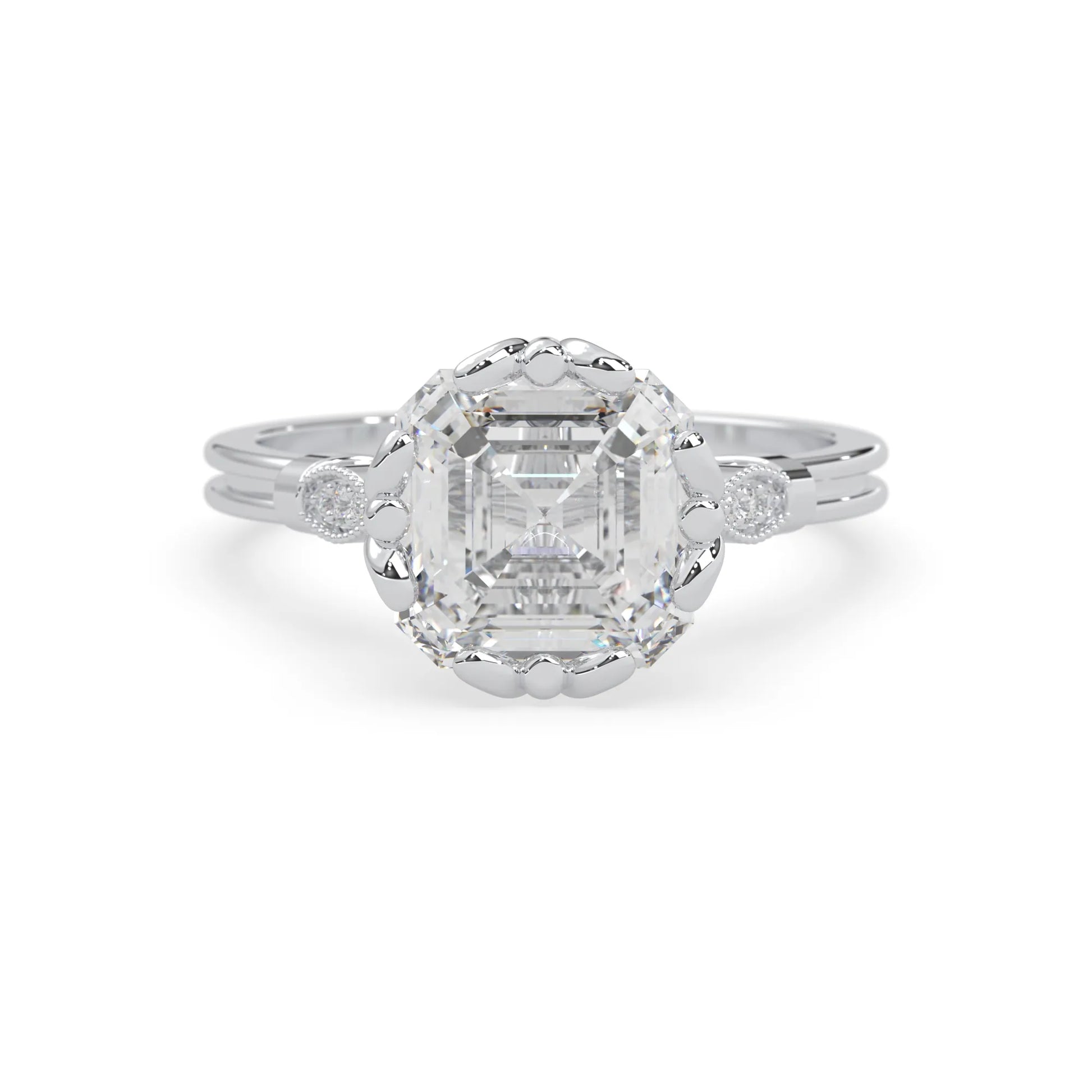 Asscher cut lab grown diamond seven stone pavé engagement ring with round diamond accents and a white gold-toned metal design