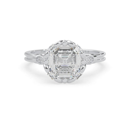Asscher cut lab grown diamond seven stone pavé engagement ring with round diamond accents and a white gold-toned metal design