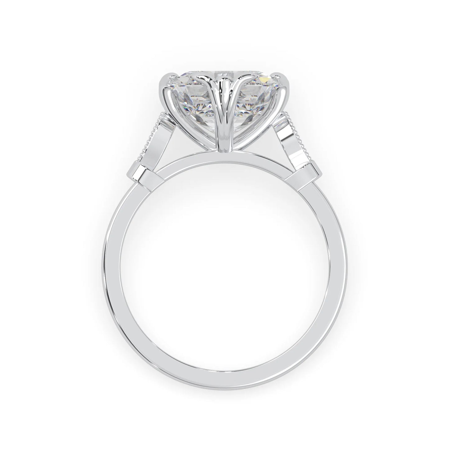 Asscher cut lab grown diamond seven stone pavé engagement ring with round diamond accents and a white gold-toned metal design
