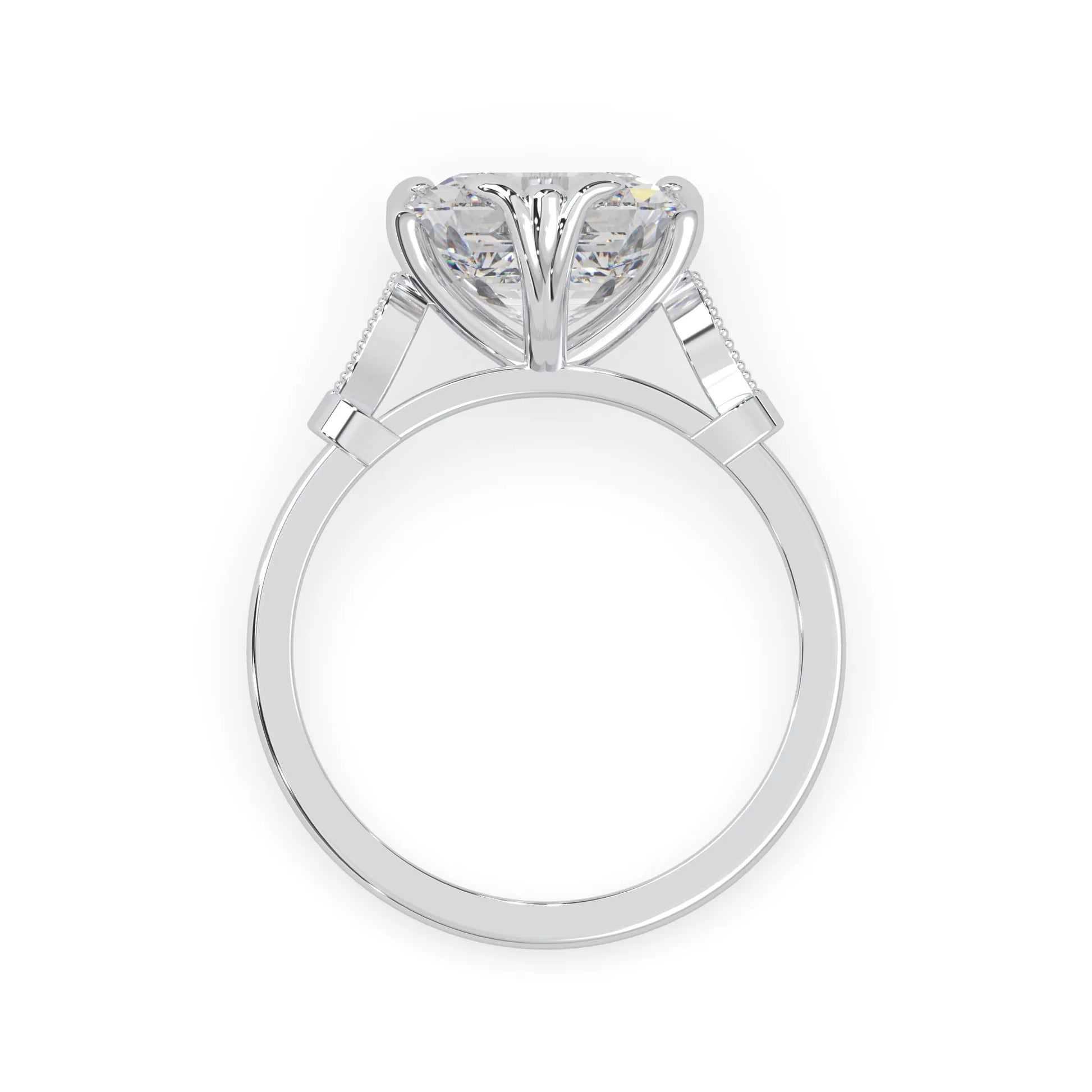 Asscher cut lab grown diamond seven stone pavé engagement ring with round diamond accents and a white gold-toned metal design