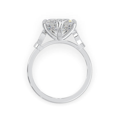 Asscher cut lab grown diamond seven stone pavé engagement ring with round diamond accents and a white gold-toned metal design