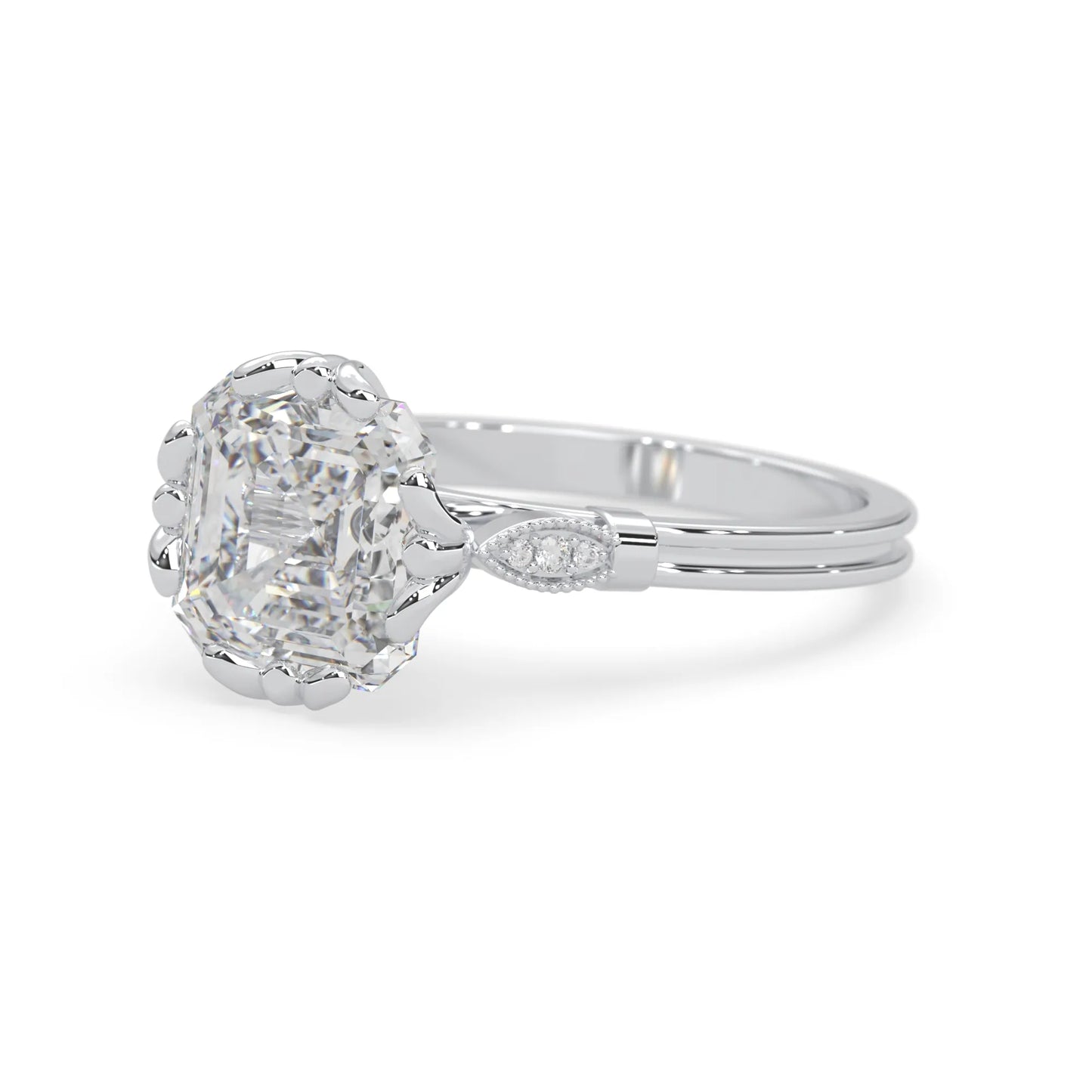 Asscher cut lab grown diamond seven stone pavé engagement ring with round diamond accents and a white gold-toned metal design