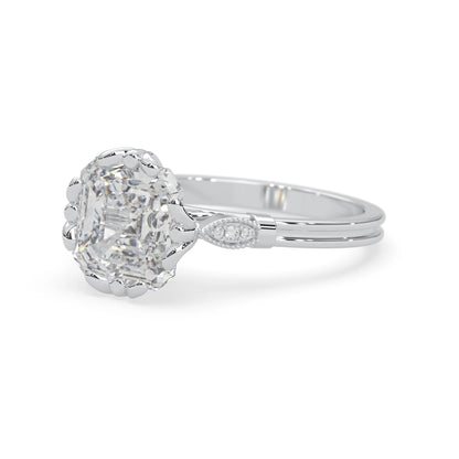 Asscher cut lab grown diamond seven stone pavé engagement ring with round diamond accents and a white gold-toned metal design