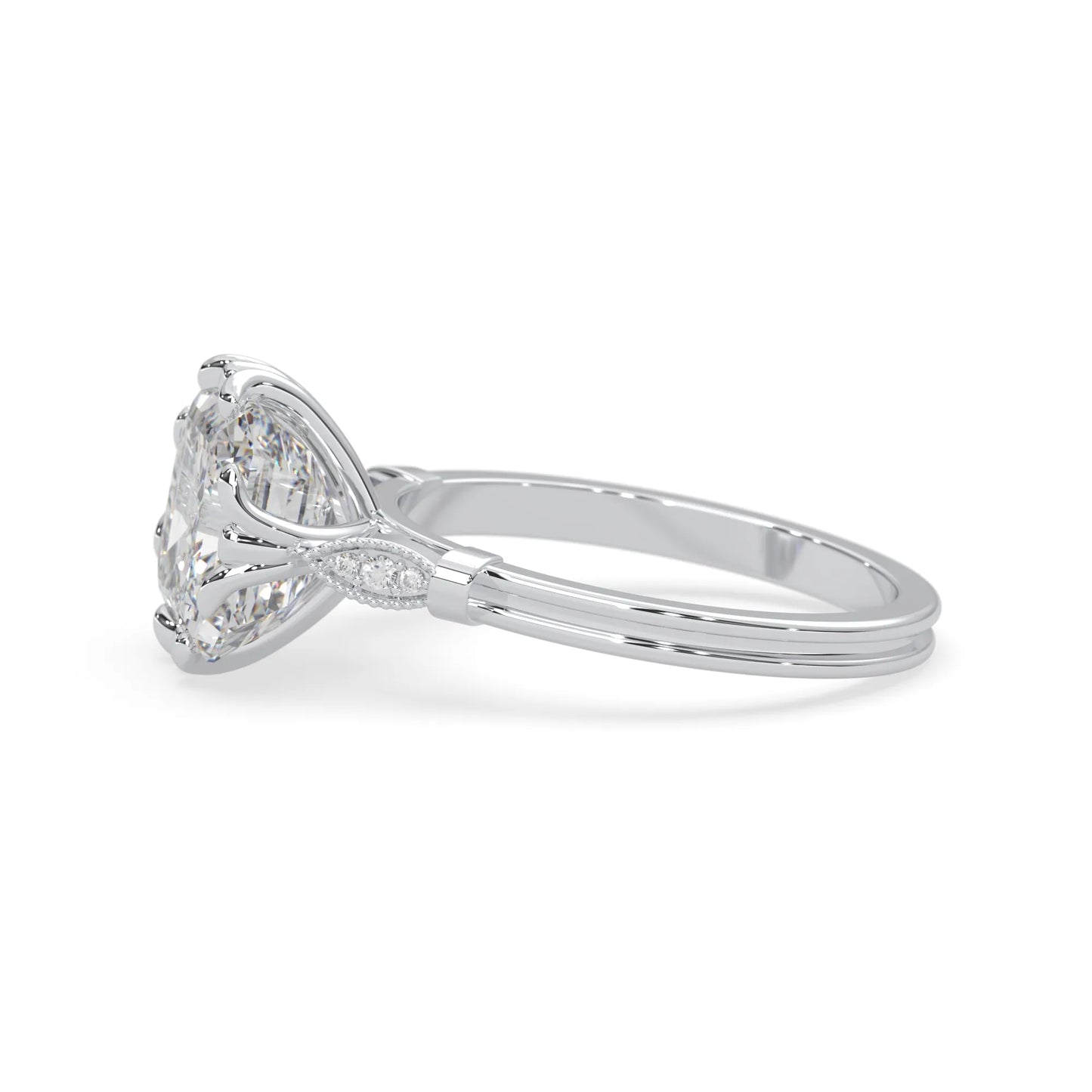 Asscher cut lab grown diamond seven stone pavé engagement ring with round diamond accents and a white gold-toned metal design