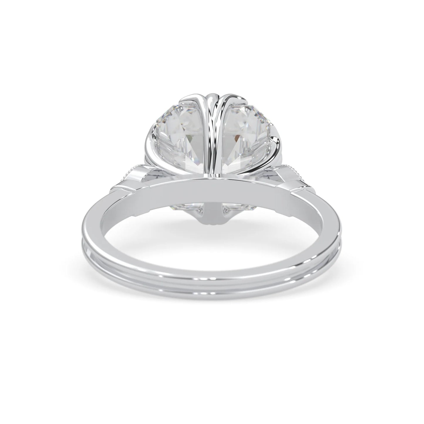 Asscher cut lab grown diamond seven stone pavé engagement ring with round diamond accents and a white gold-toned metal design