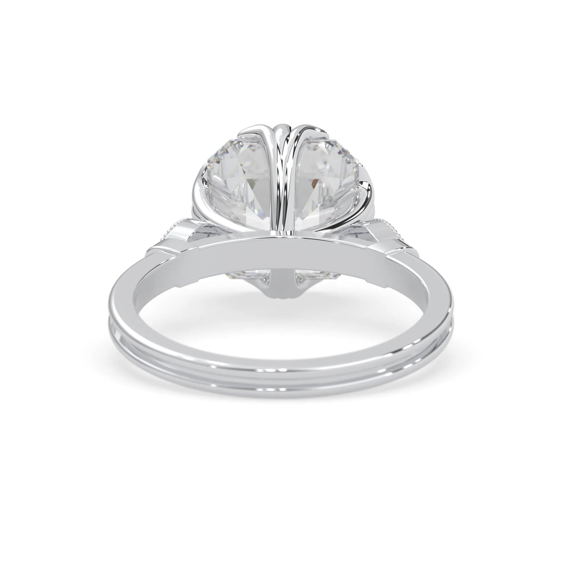 Asscher cut lab grown diamond seven stone pavé engagement ring with round diamond accents and a white gold-toned metal design
