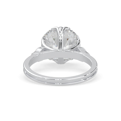 Asscher cut lab grown diamond seven stone pavé engagement ring with round diamond accents and a white gold-toned metal design