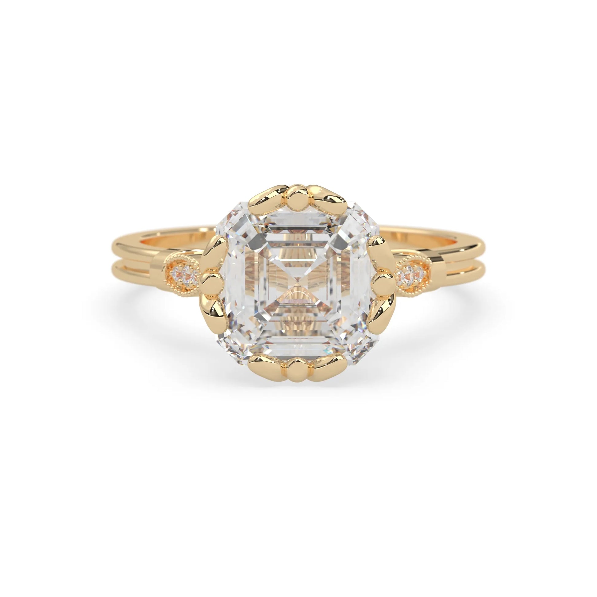 Asscher cut lab grown diamond seven stone pavé engagement ring with round diamond accents and a yellow gold-toned metal design