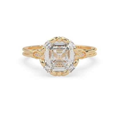 Asscher cut lab grown diamond seven stone pavé engagement ring with round diamond accents and a yellow gold-toned metal design