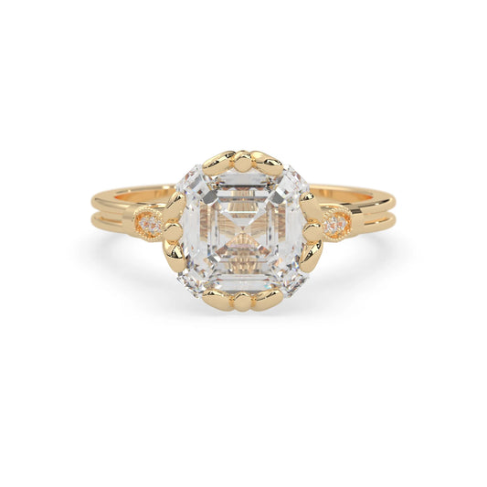 Asscher cut lab grown diamond seven stone pavé engagement ring with round diamond accents and a yellow gold-toned metal design