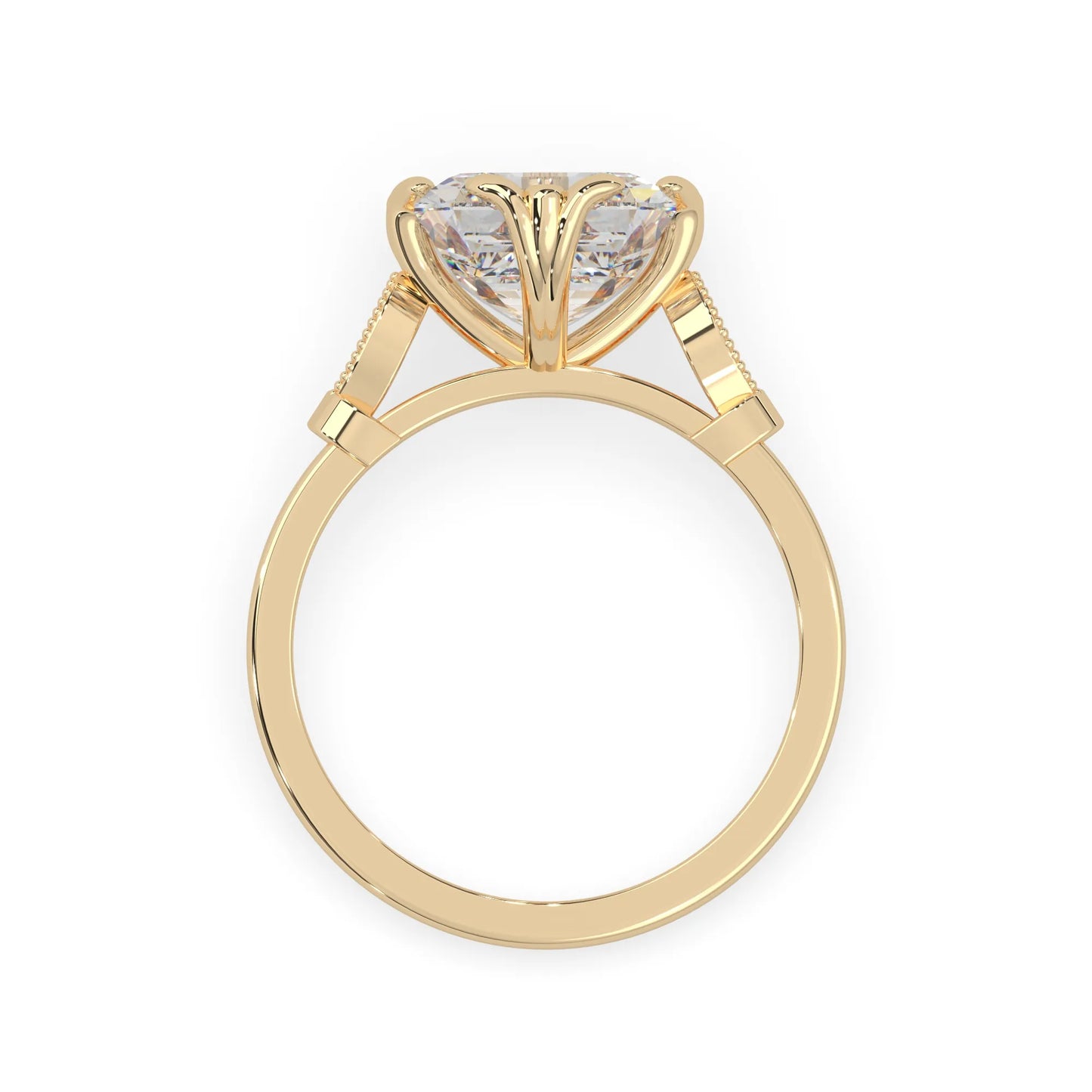 Asscher cut lab grown diamond seven stone pavé engagement ring with round diamond accents and a yellow gold-toned metal design