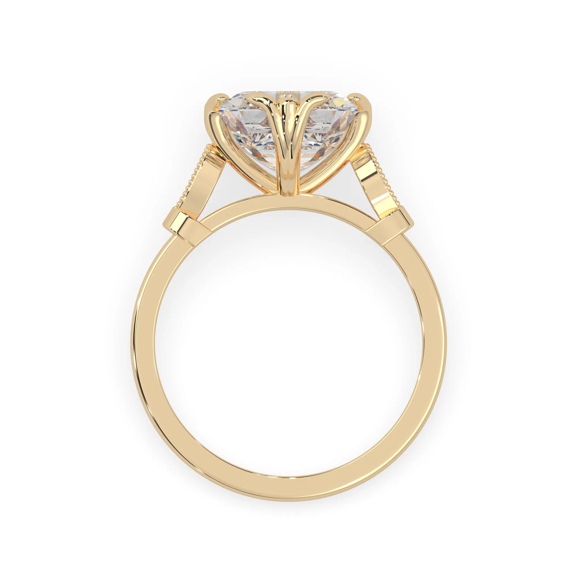 Asscher cut lab grown diamond seven stone pavé engagement ring with round diamond accents and a yellow gold-toned metal design