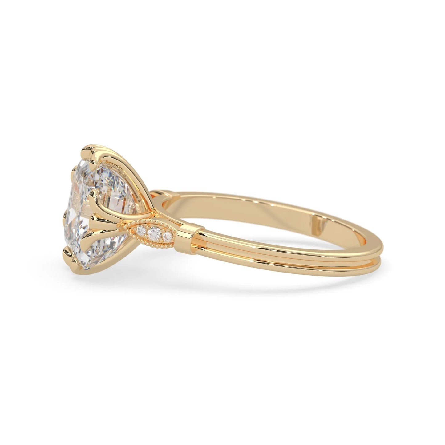 Asscher cut lab grown diamond seven stone pavé engagement ring with round diamond accents and a yellow gold-toned metal design