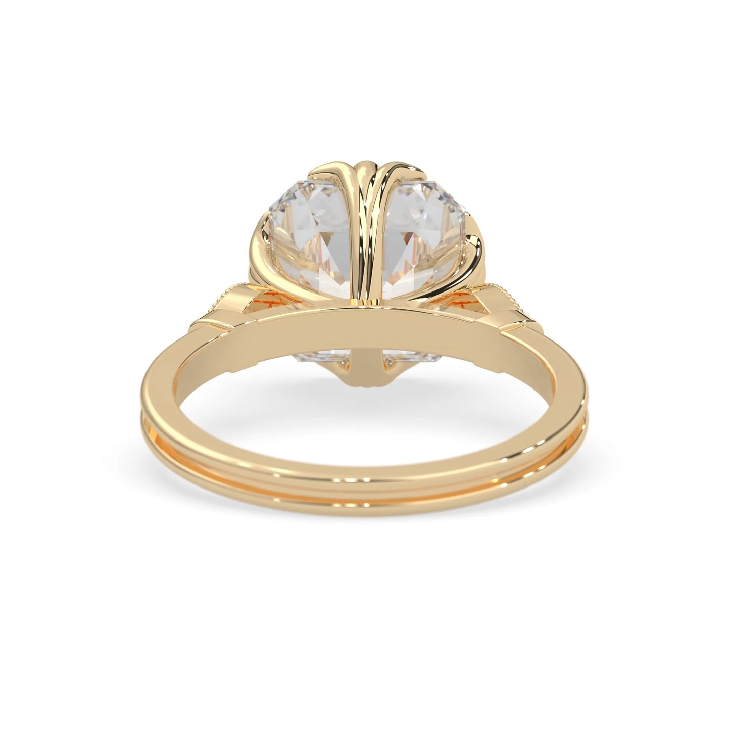 Asscher cut lab grown diamond seven stone pavé engagement ring with round diamond accents and a yellow gold-toned metal design