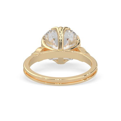 Asscher cut lab grown diamond seven stone pavé engagement ring with round diamond accents and a yellow gold-toned metal design
