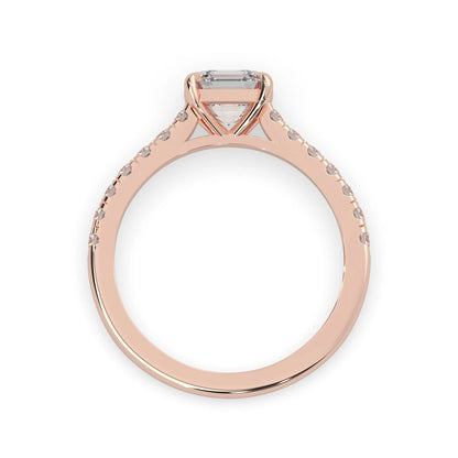 asscher cut lab grown diamond prong set engagement ring with pavé band and rose gold  metal tone design